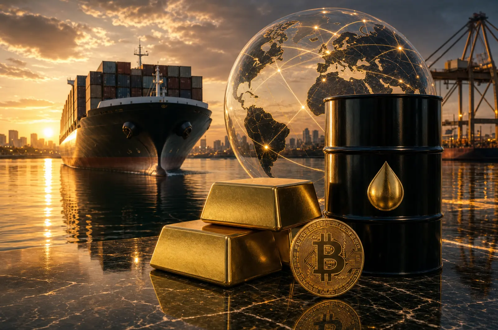 Container ship at sunset beside gold bars, an oil barrel, a Bitcoin coin, and a glass globe traced with trade routes