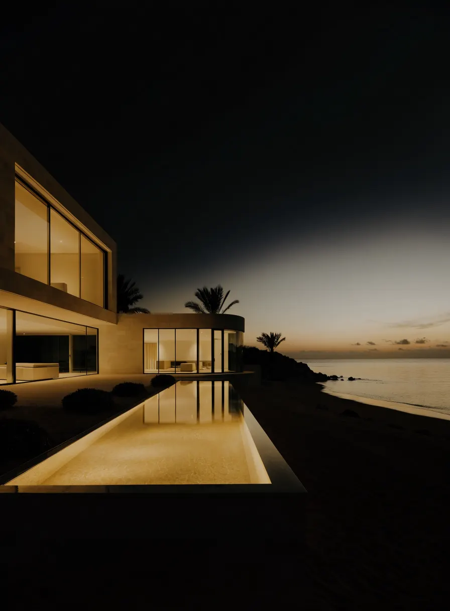 Beachfront villa with an infinity pool in Dubai at dusk