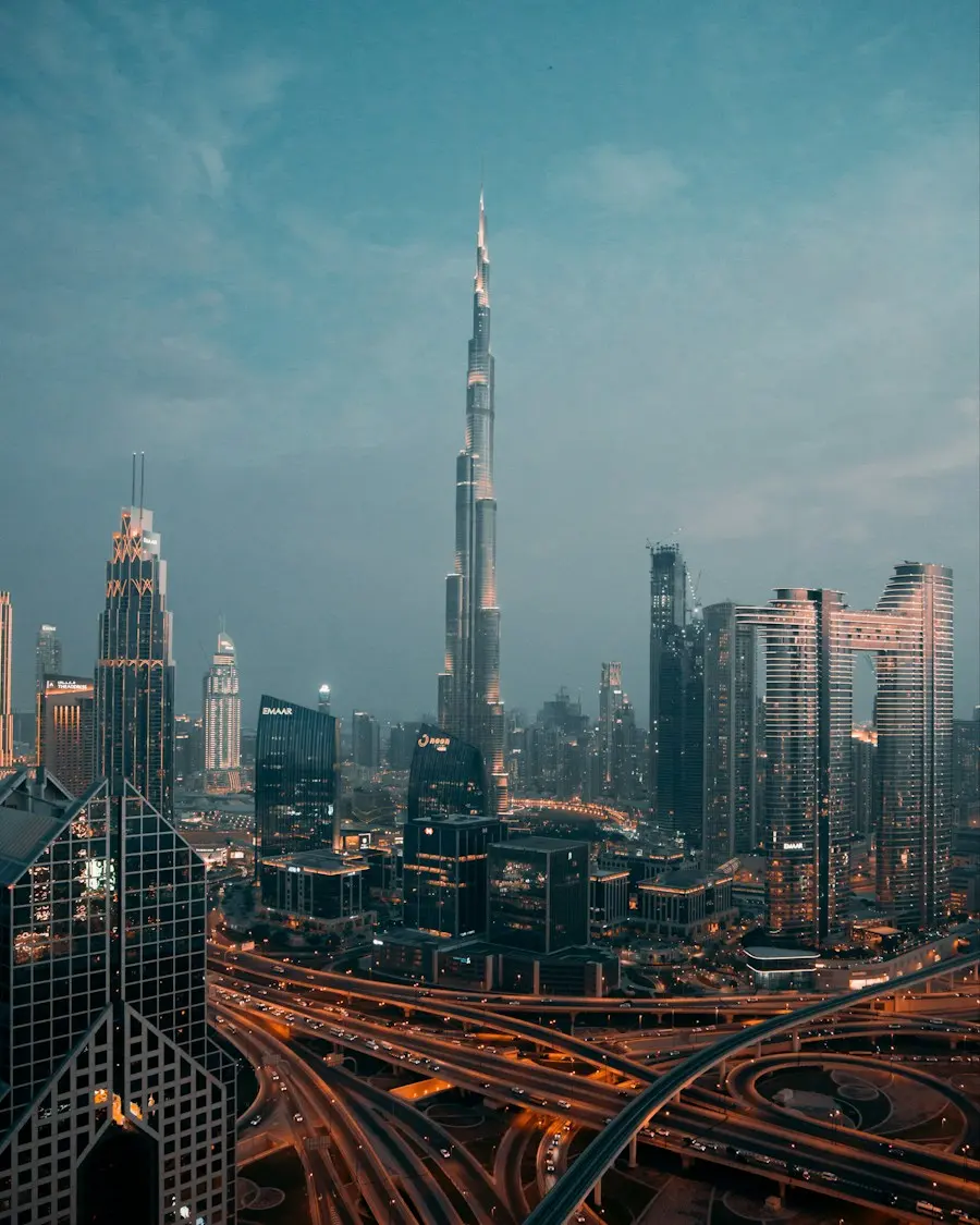 Skyline of a financial district at first light